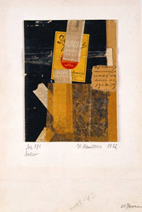	Kurt Schwitters Mz 371 bacco [Mz 371 bacco], 1922 Collage of cut and torn printed, handwritten, tissue, and coated papers on paperboard Sheet: 11; Image: 6-1/4 x Sheet: 7-1/2; Image: 4-7/8 inches The Menil Collection, Houston Photo: Hickey-Robertson, Houston  2010 Artists Rights Society (ARS), New York / VG Bild-Kunst, Bonn