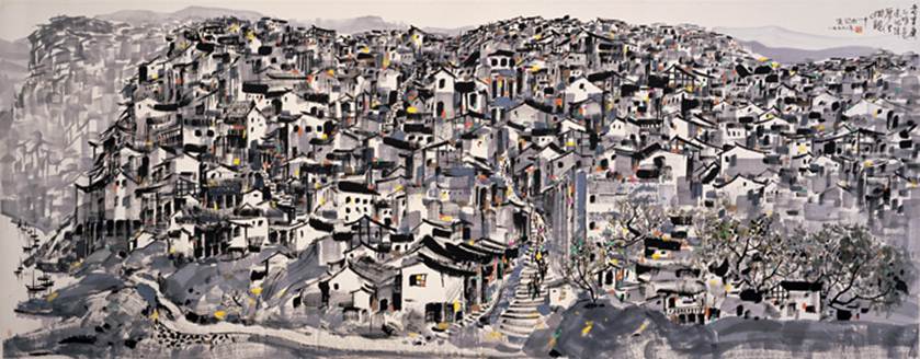 Description: Chongqing of the Old Times, 1997, ink and color on rice paper, 145 x 368 cm, Shanghai Art Museum.